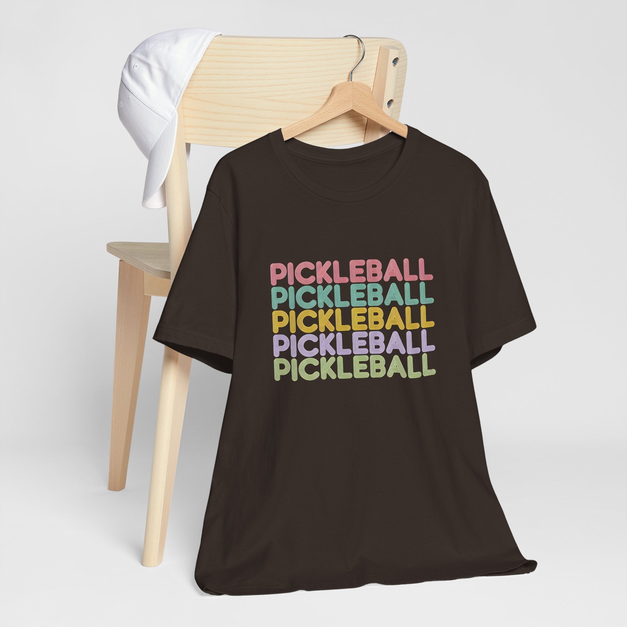 Pickleball Retro Stack Tee — Colorful Repeated Text Graphic T-Shirt