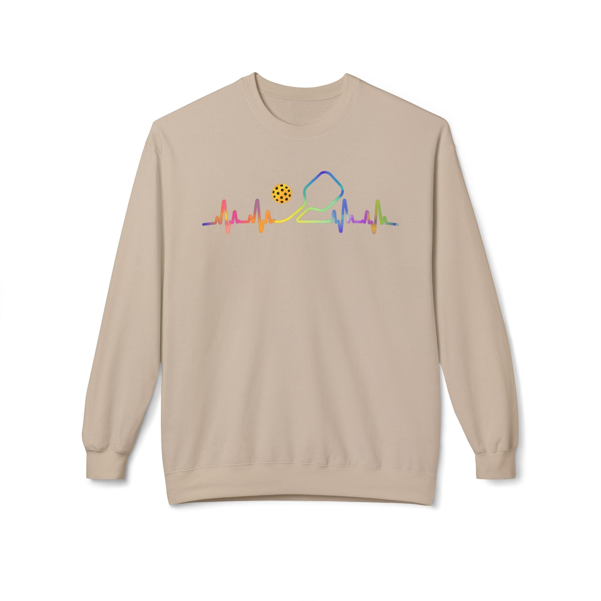 Pickleball Heartbeat Crewneck Sweatshirt — Rainbow Paddle & Ball Design