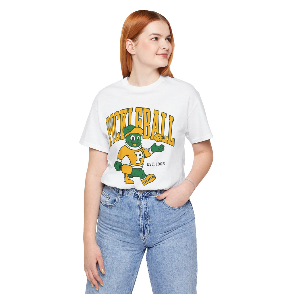 Pickleball Mascot T‑Shirt – Vintage Green & Gold “PICKLEBALL” Graphic (Est. 1965)