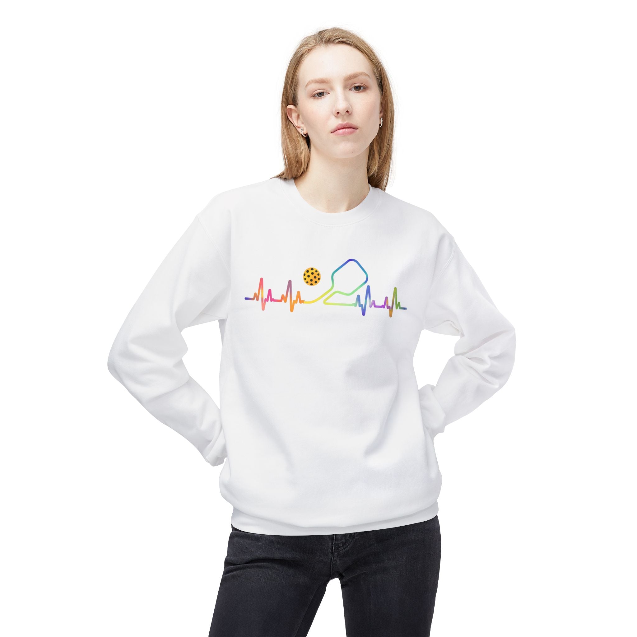 Pickleball Heartbeat Crewneck Sweatshirt — Rainbow Paddle & Ball Design
