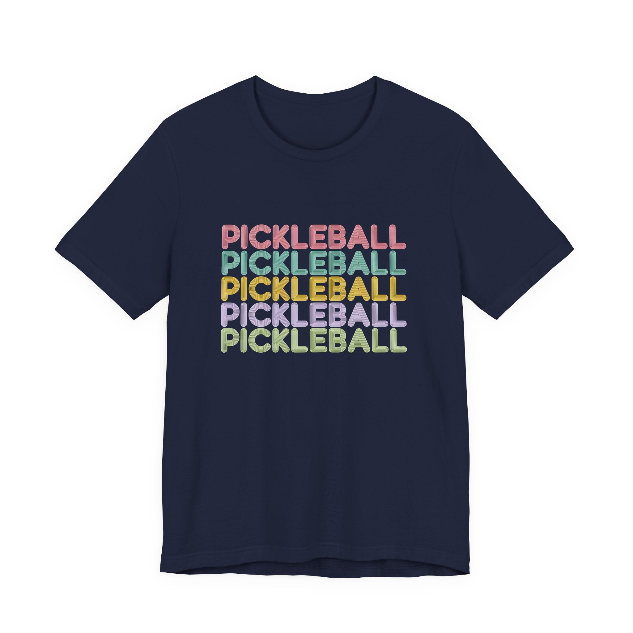 Pickleball Retro Stack Tee — Colorful Repeated Text Graphic T-Shirt