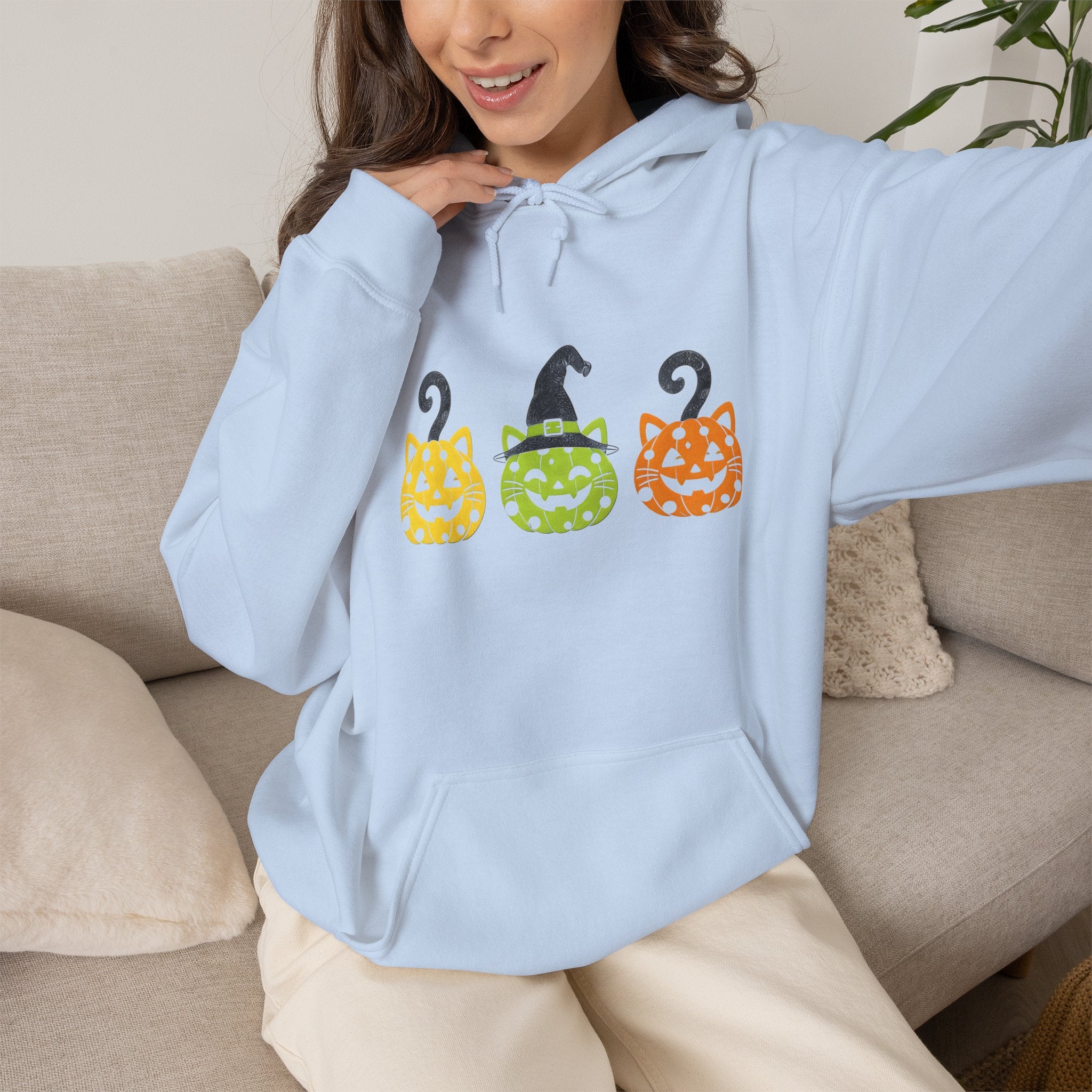 Pumpkin Trio Halloween Hoodie — Cute Witch Hat Jack-o'-Lantern Sweatshirt