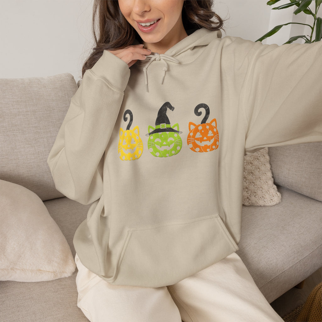 Pumpkin Trio Halloween Hoodie — Cute Witch Hat Jack-o'-Lantern Sweatshirt
