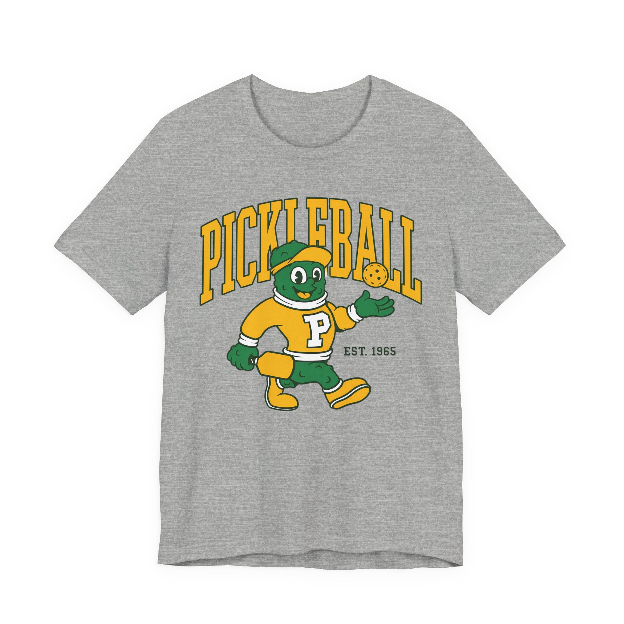 Pickleball Mascot T‑Shirt – Vintage Green & Gold “PICKLEBALL” Graphic (Est. 1965)