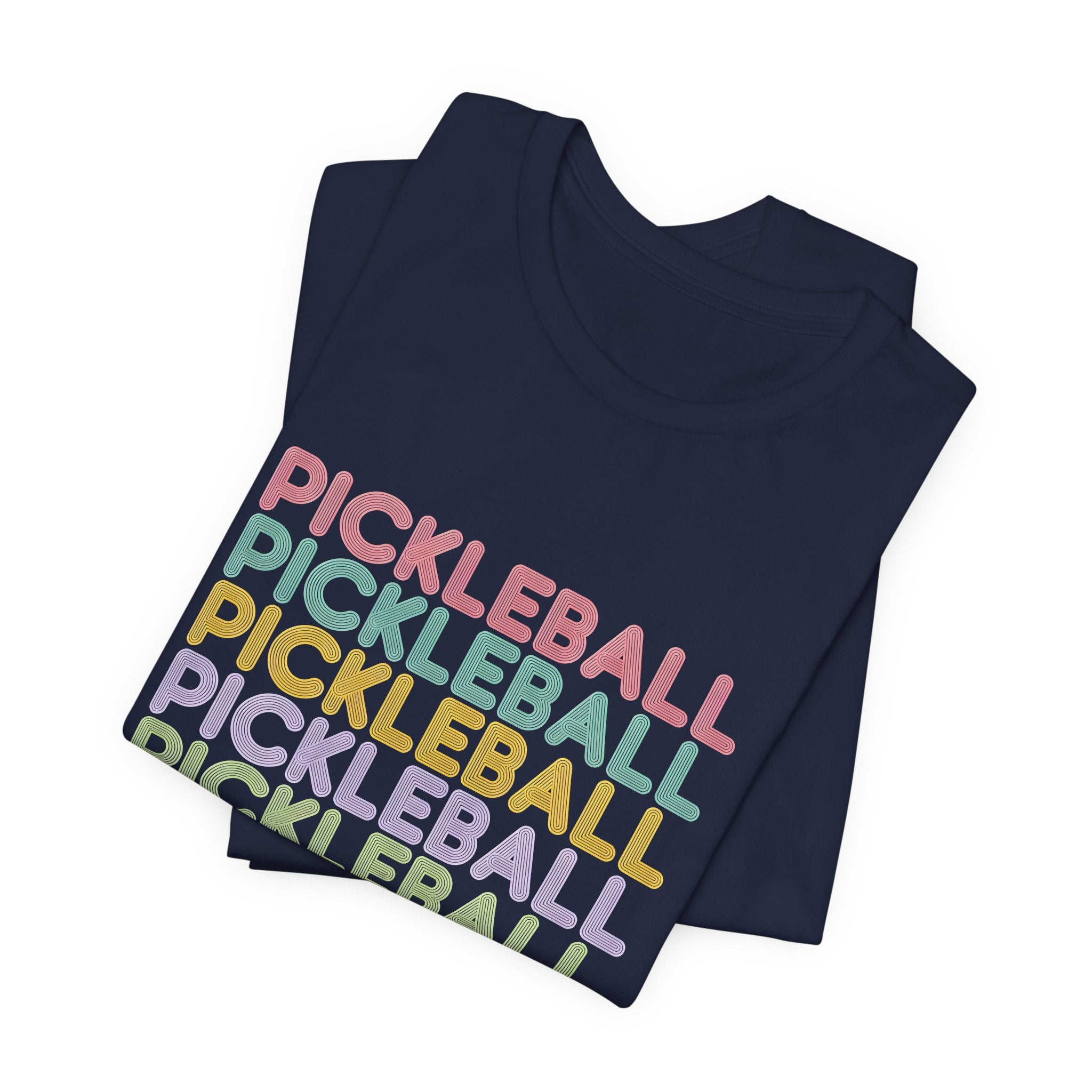 Pickleball Retro Stack Tee — Colorful Repeated Text Graphic T-Shirt