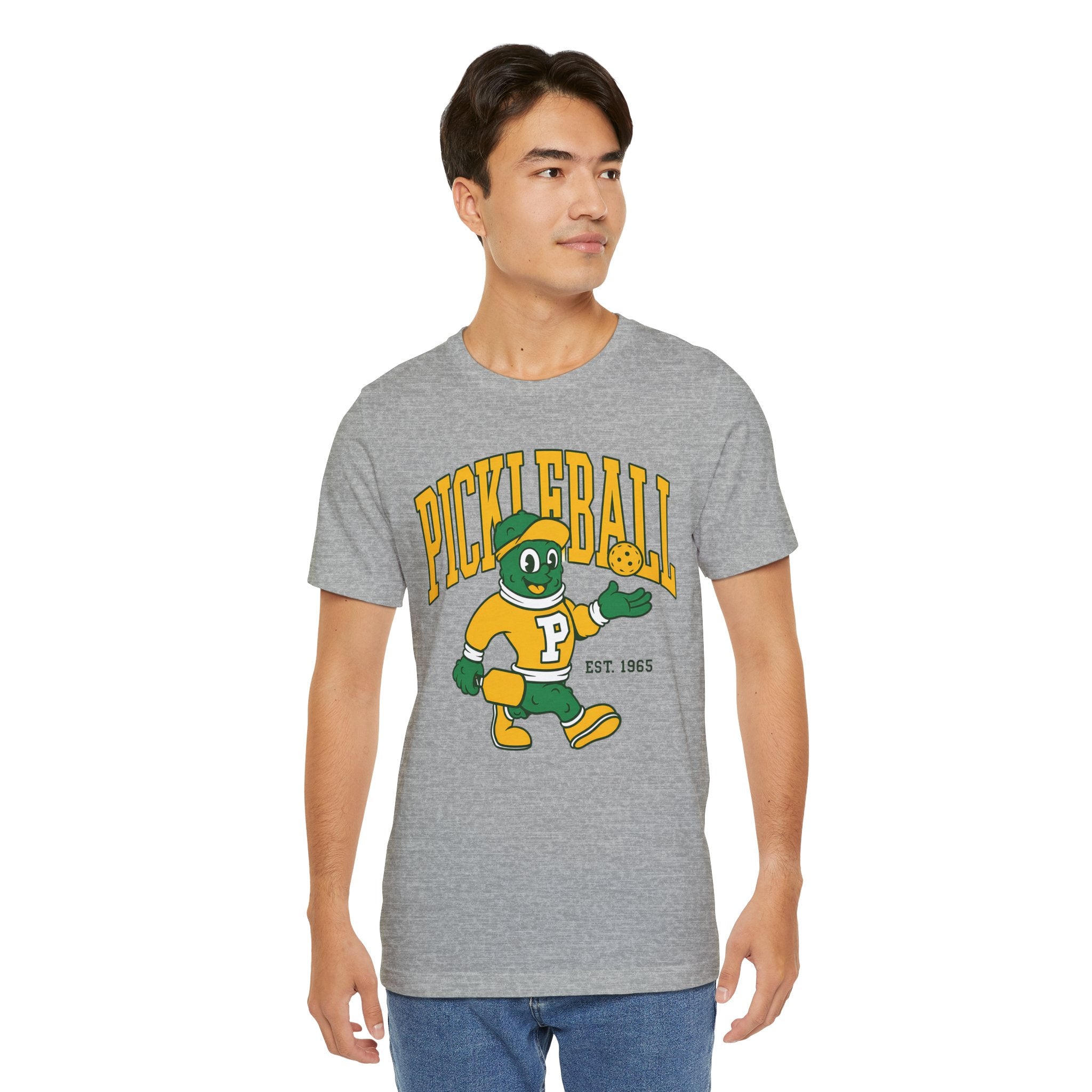 Pickleball Mascot T‑Shirt – Vintage Green & Gold “PICKLEBALL” Graphic (Est. 1965)