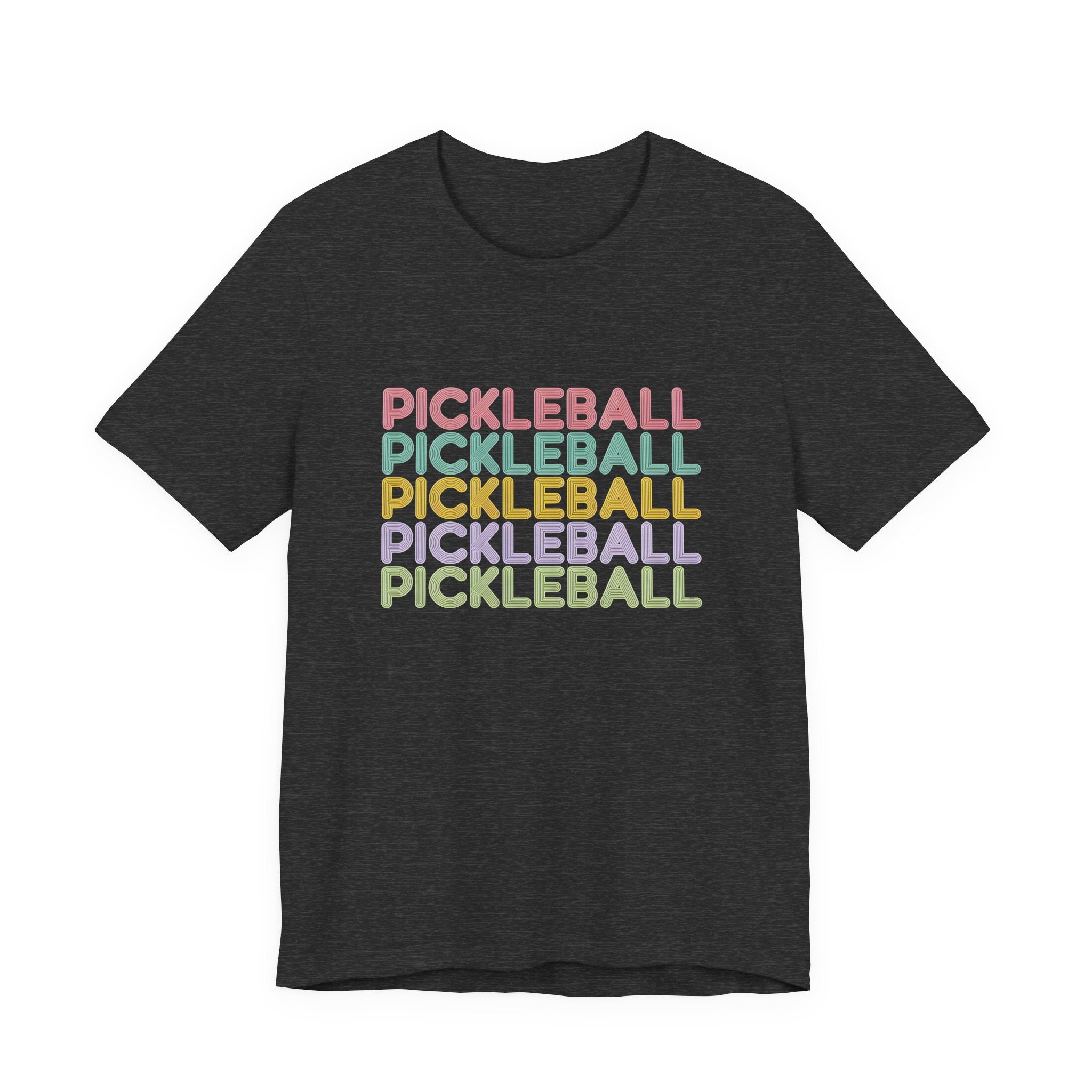 Pickleball Retro Stack Tee — Colorful Repeated Text Graphic T-Shirt
