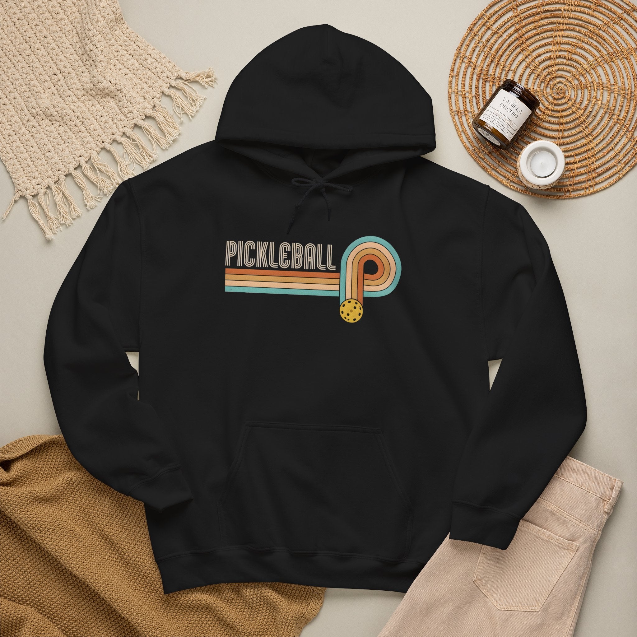 Retro Pickleball Hoodie – Vintage Stripes & Paddle Logo