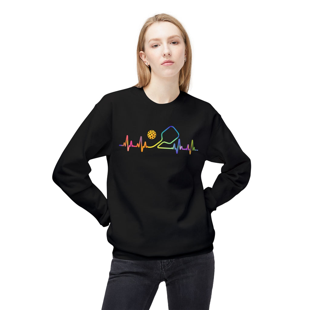 Pickleball Heartbeat Crewneck Sweatshirt — Rainbow Paddle & Ball Design
