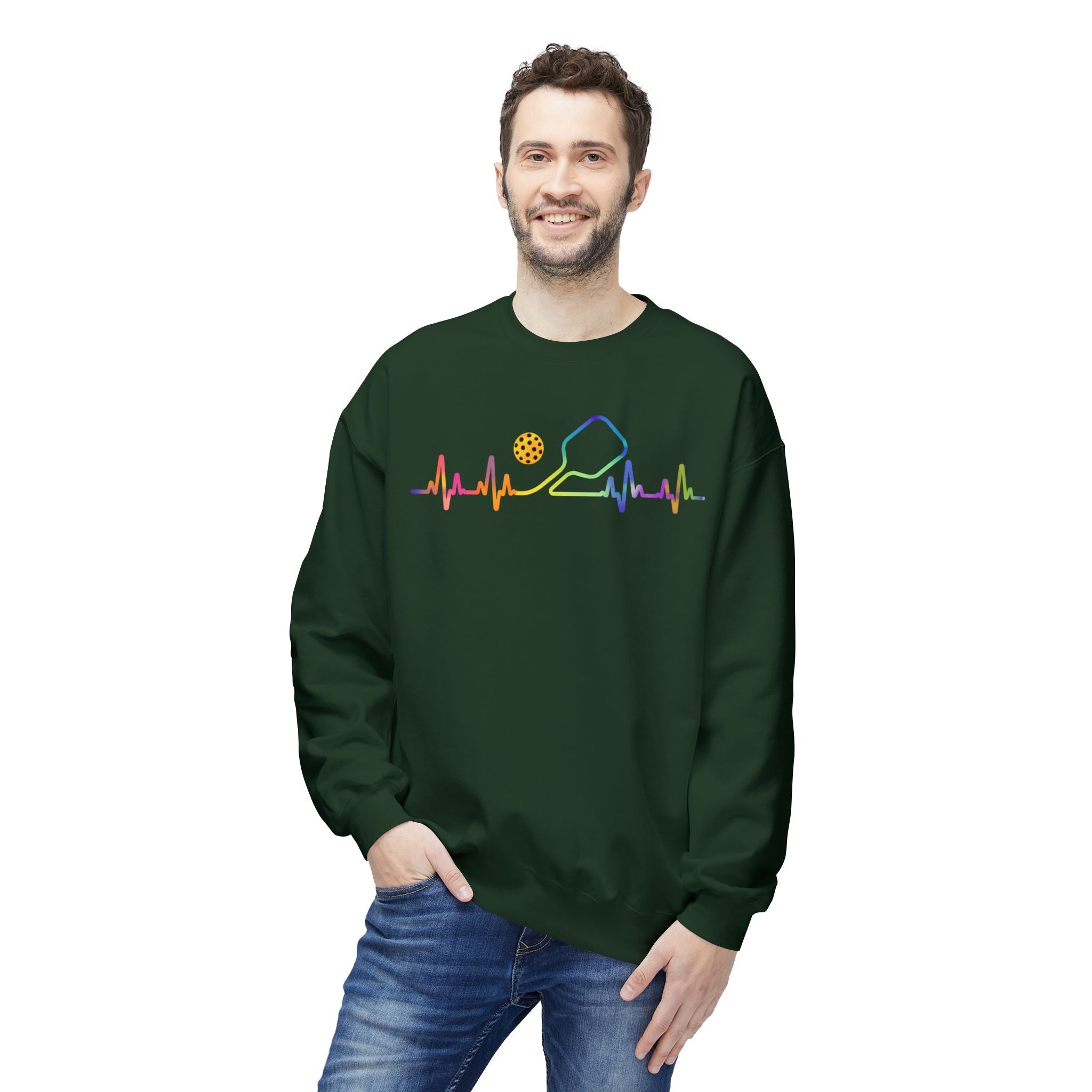 Pickleball Heartbeat Crewneck Sweatshirt — Rainbow Paddle & Ball Design