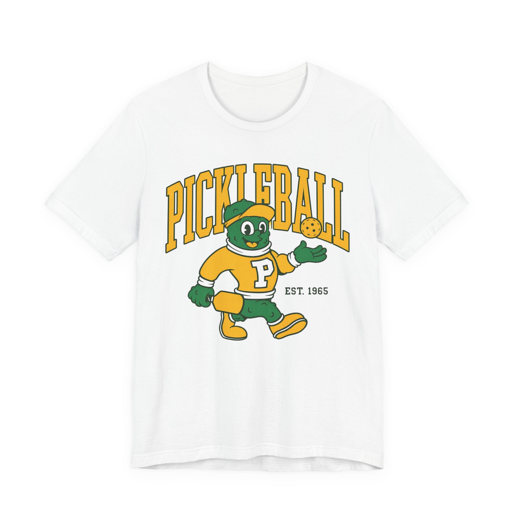 Pickleball Mascot T‑Shirt – Vintage Green & Gold “PICKLEBALL” Graphic (Est. 1965)