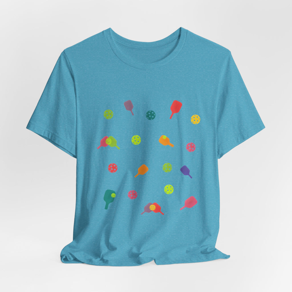 Pickleball Pattern Tee — Colorful Paddle & Ball Graphic T-Shirt