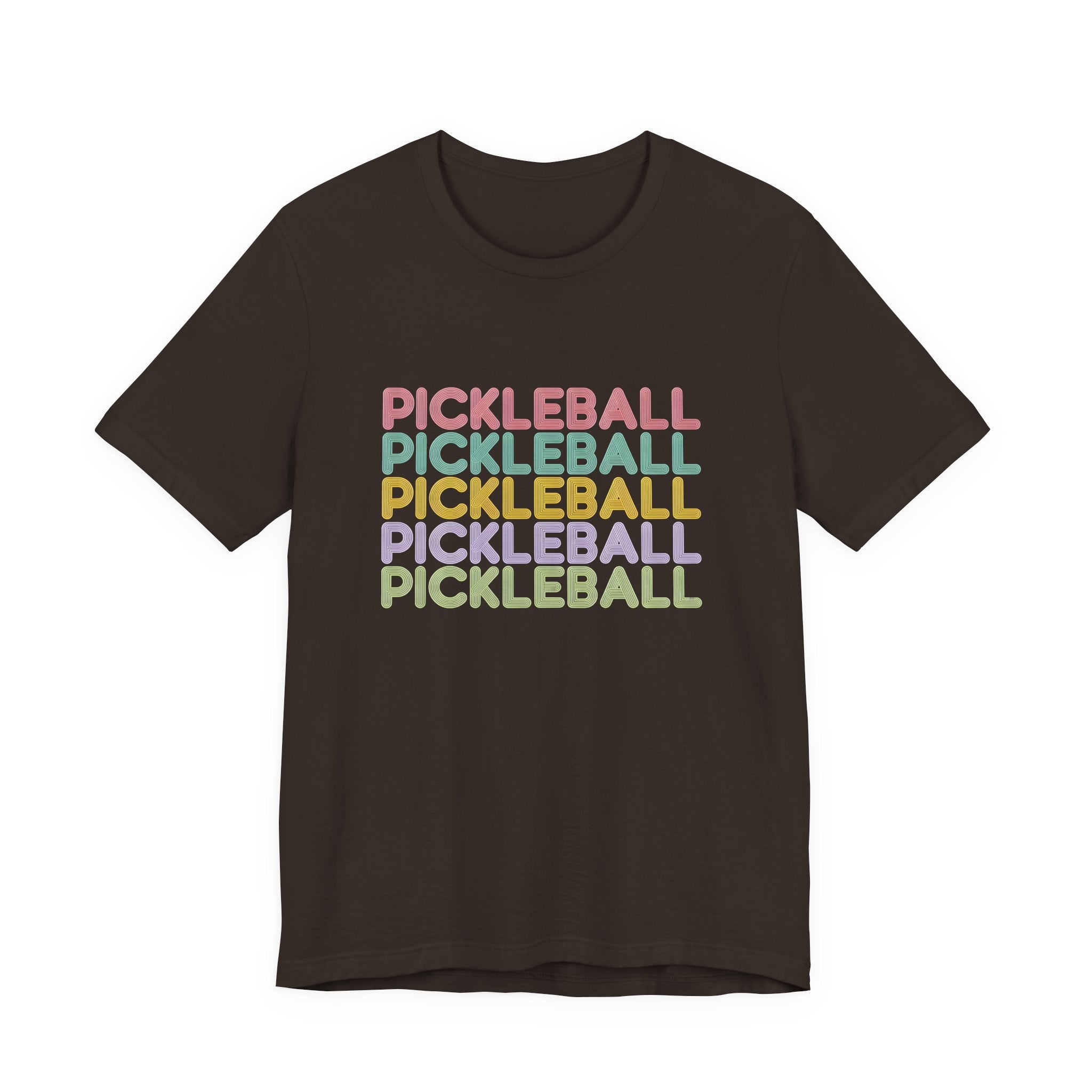 Pickleball Retro Stack Tee — Colorful Repeated Text Graphic T-Shirt