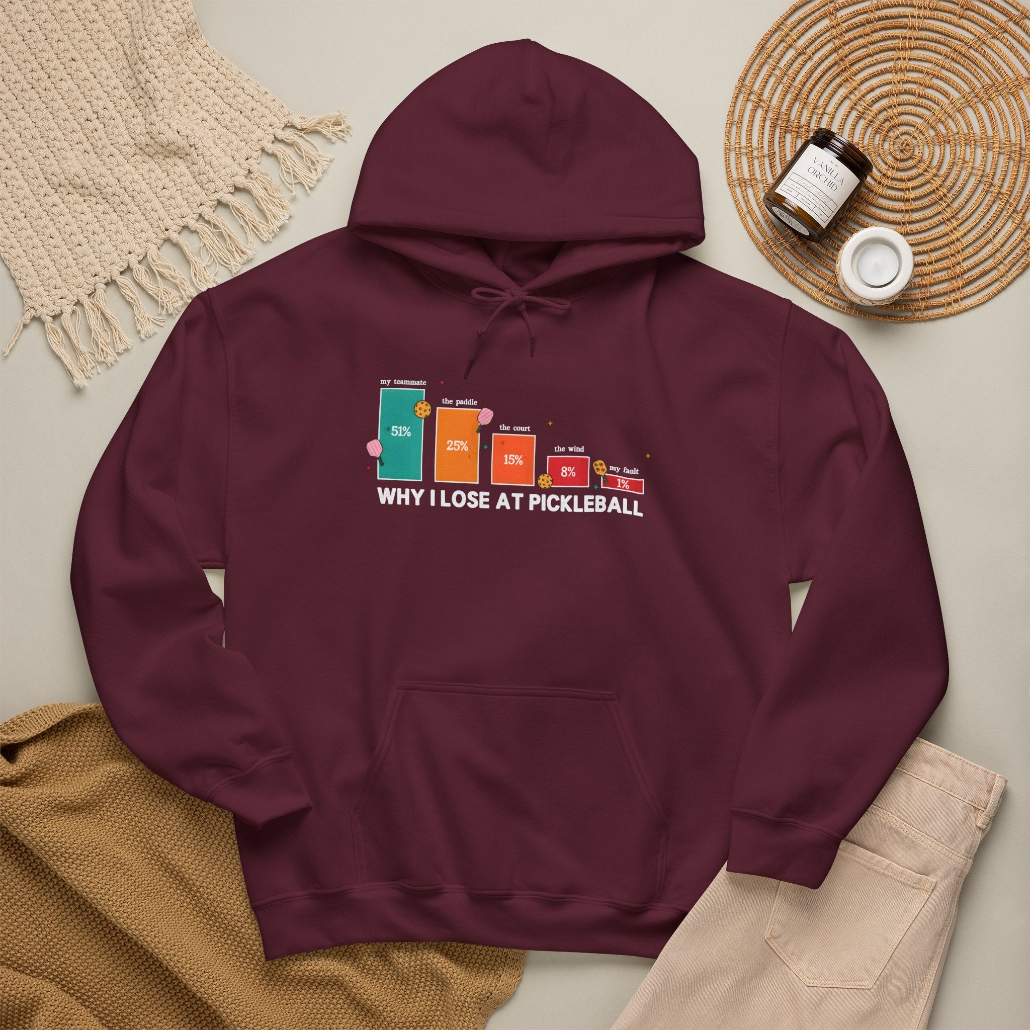 Pickleball Humor Hoodie – "Why I Lose at Pickleball" Bar Chart Graphic