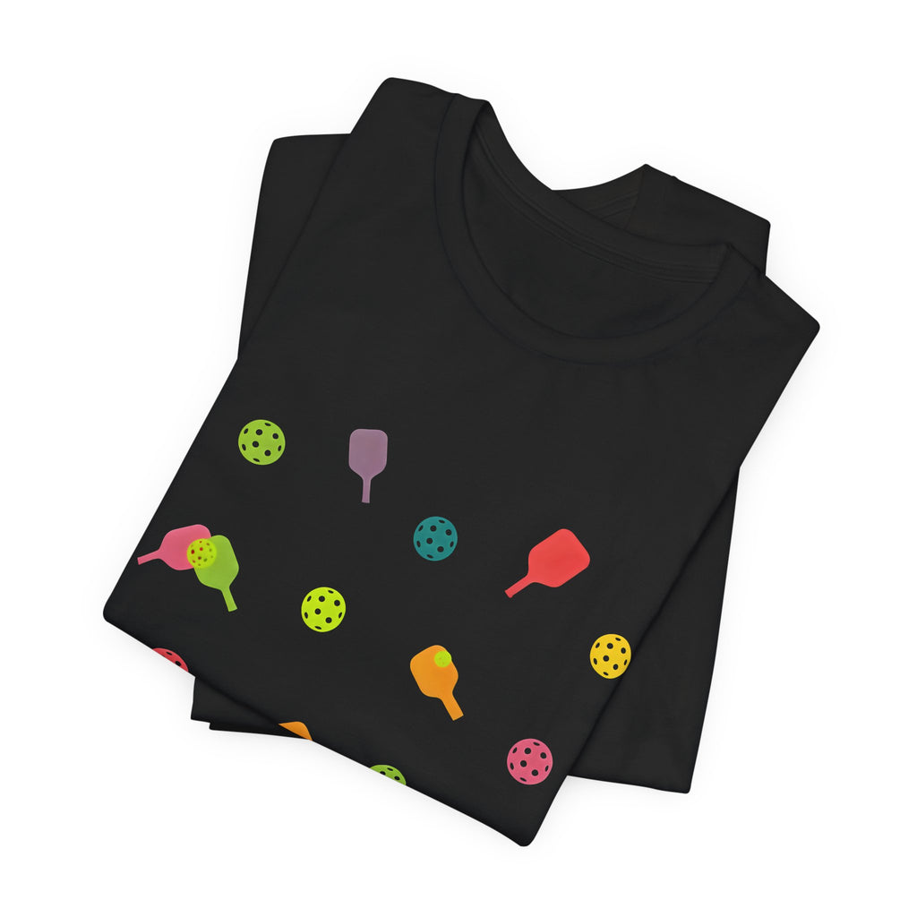 Pickleball Pattern Tee — Colorful Paddle & Ball Graphic T-Shirt