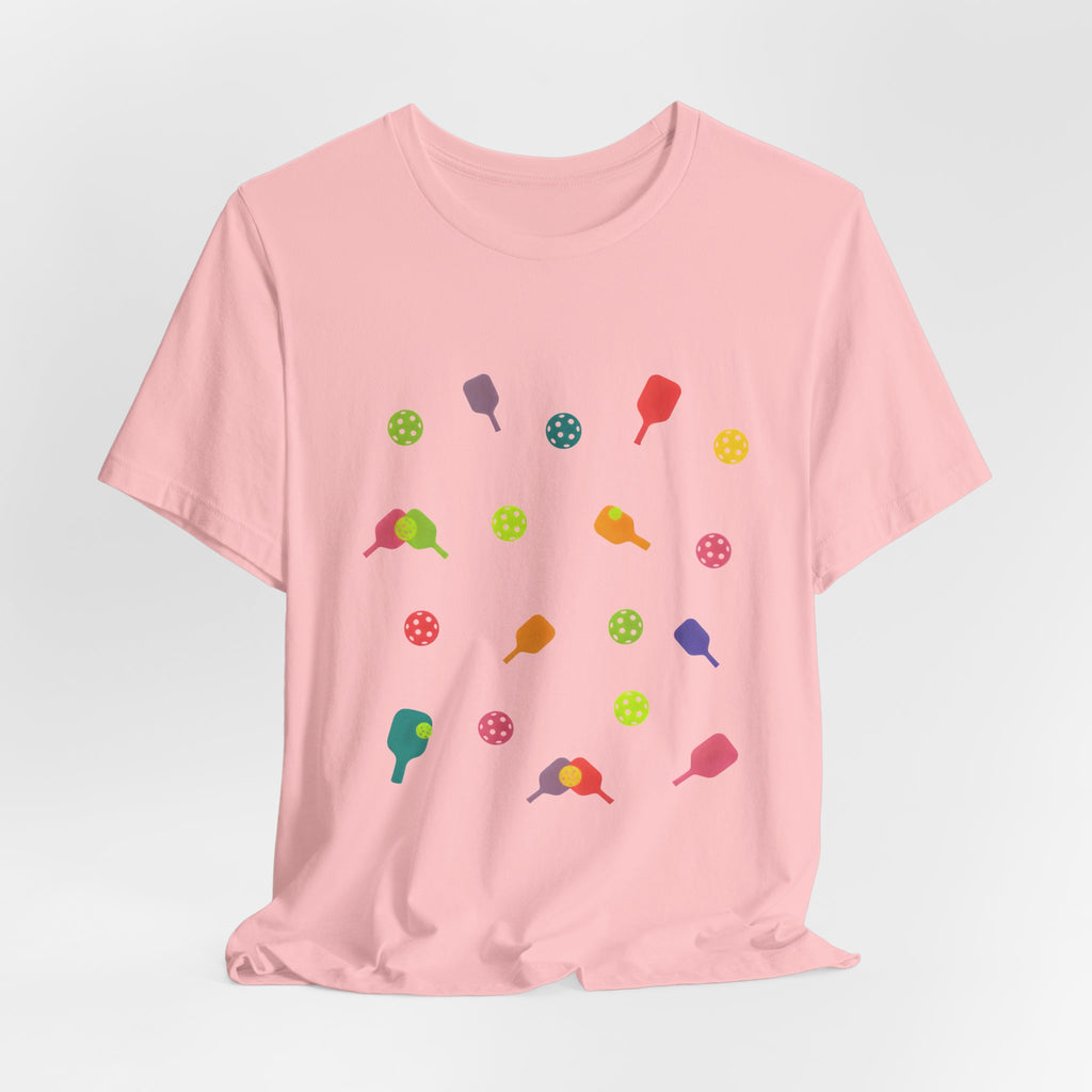 Pickleball Pattern Tee — Colorful Paddle & Ball Graphic T-Shirt