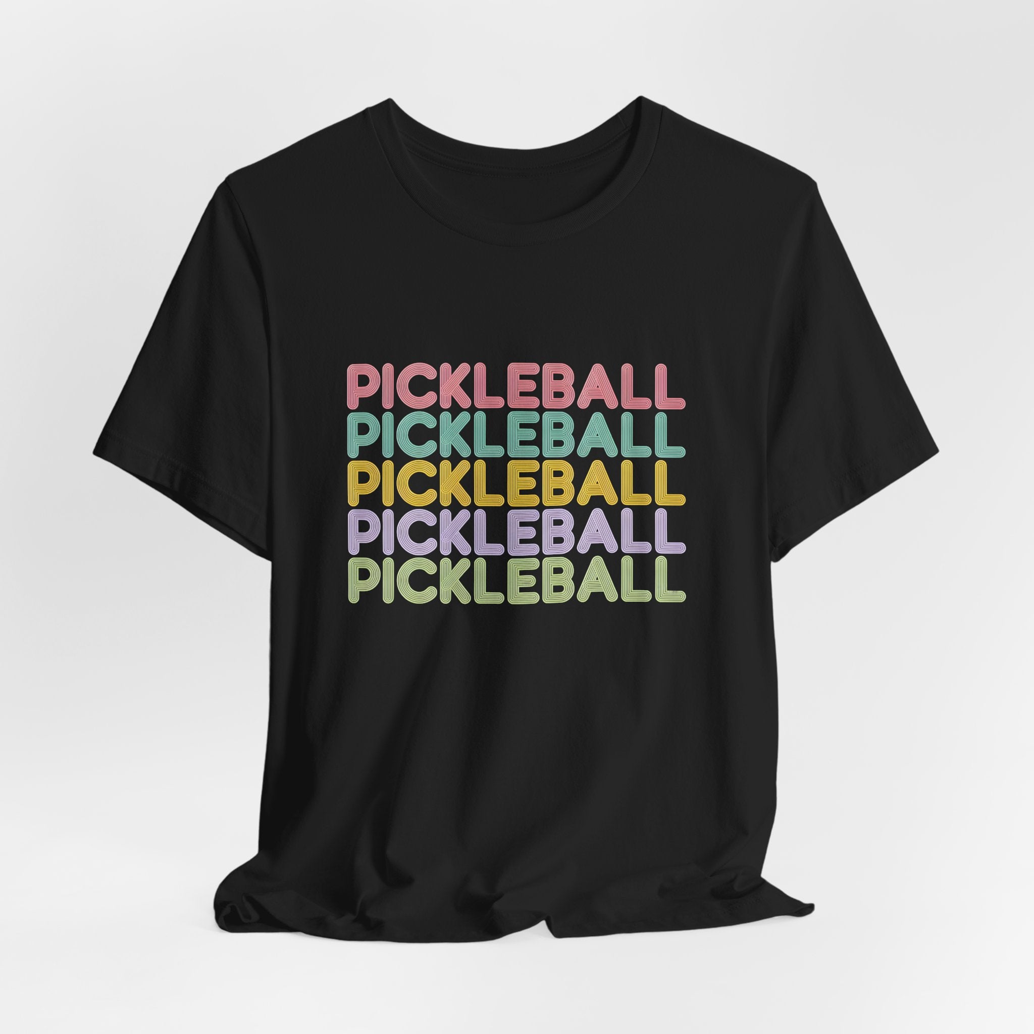 Pickleball Retro Stack Tee — Colorful Repeated Text Graphic T-Shirt