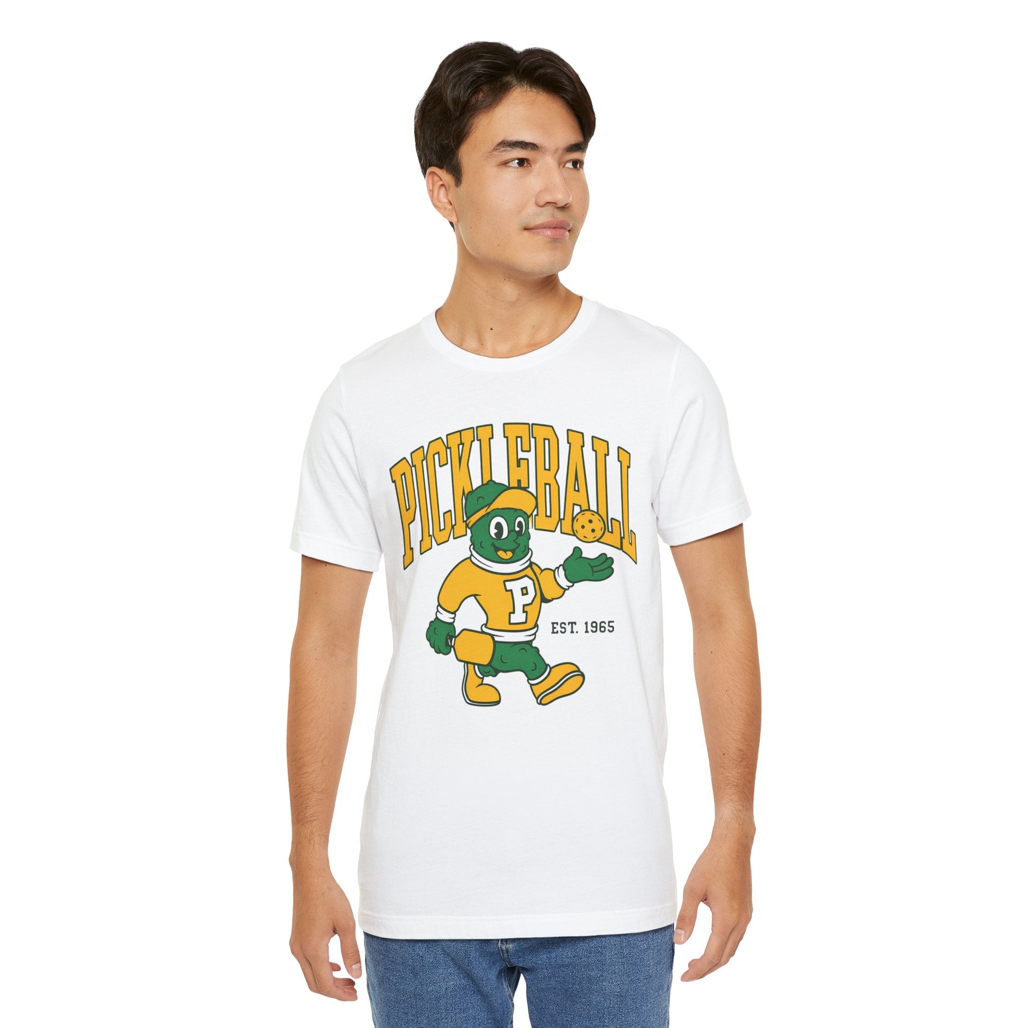 Pickleball Mascot T‑Shirt – Vintage Green & Gold “PICKLEBALL” Graphic (Est. 1965)