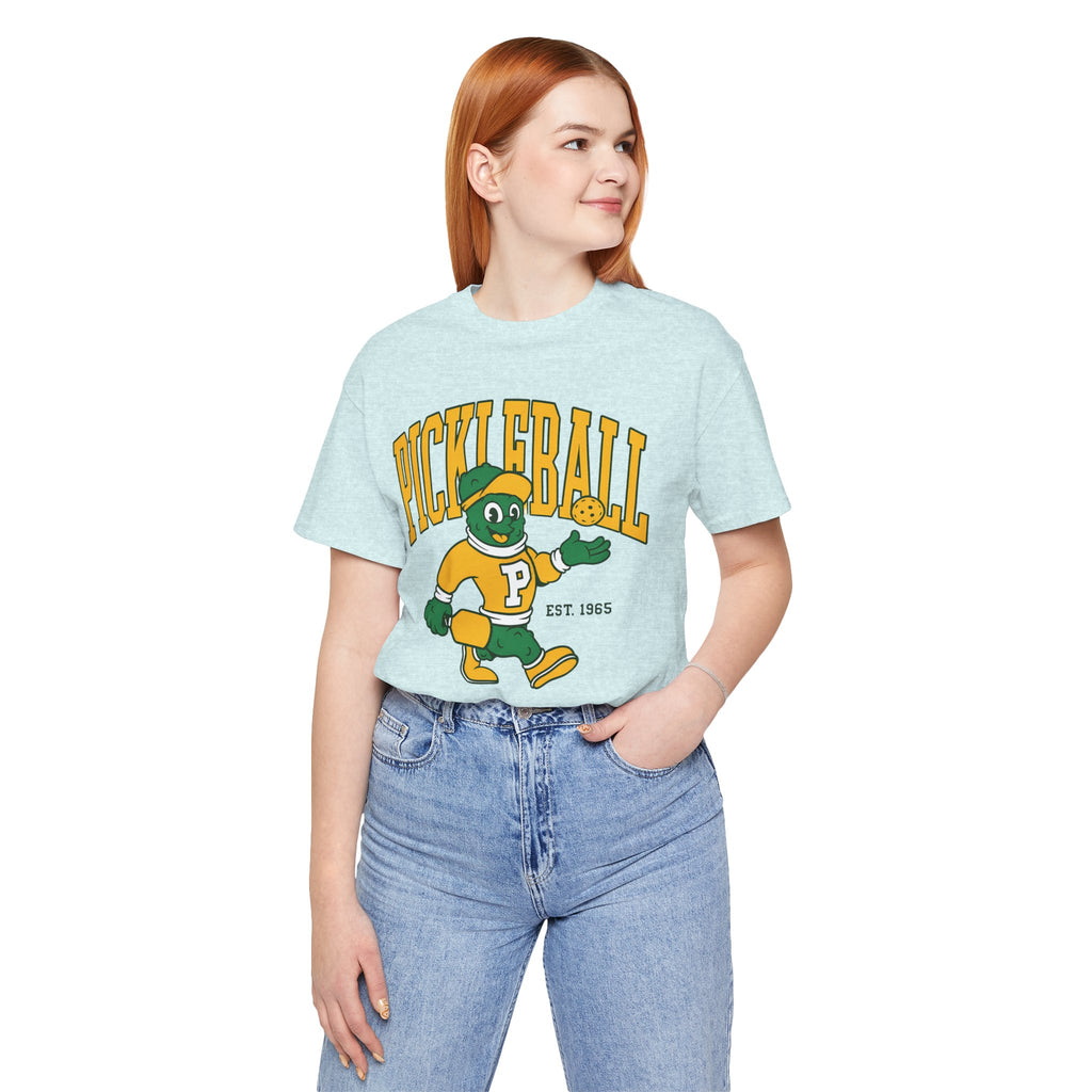 Pickleball Mascot T‑Shirt – Vintage Green & Gold “PICKLEBALL” Graphic (Est. 1965)