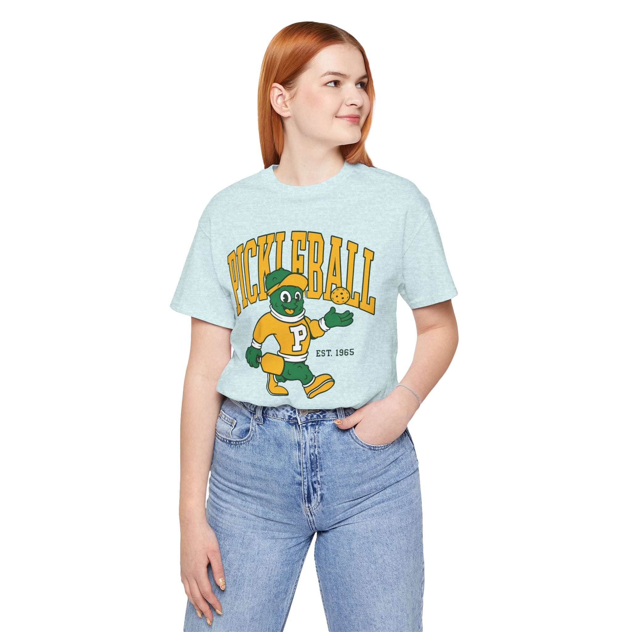 Pickleball Mascot T‑Shirt – Vintage Green & Gold “PICKLEBALL” Graphic (Est. 1965)