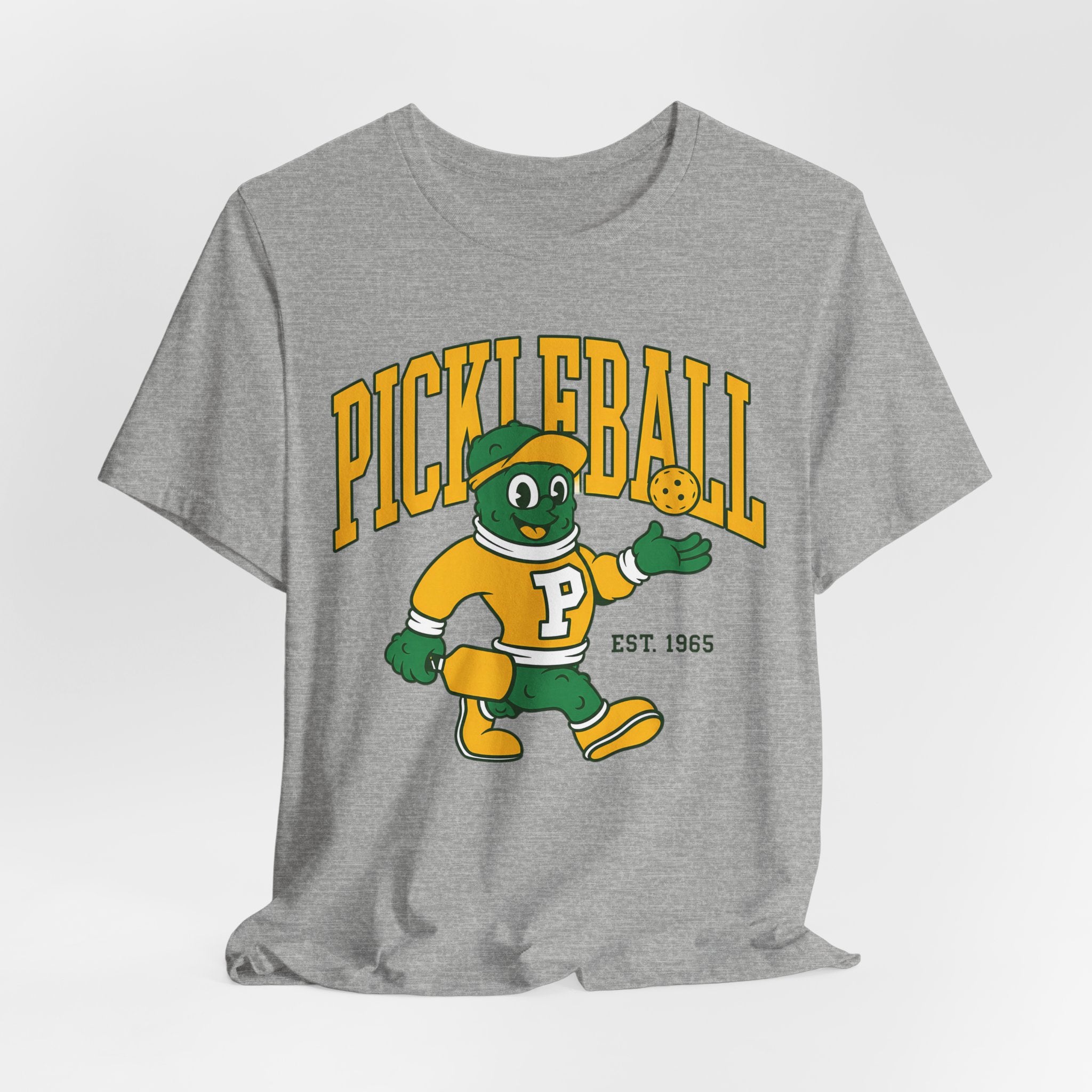 Pickleball Mascot T‑Shirt – Vintage Green & Gold “PICKLEBALL” Graphic (Est. 1965)