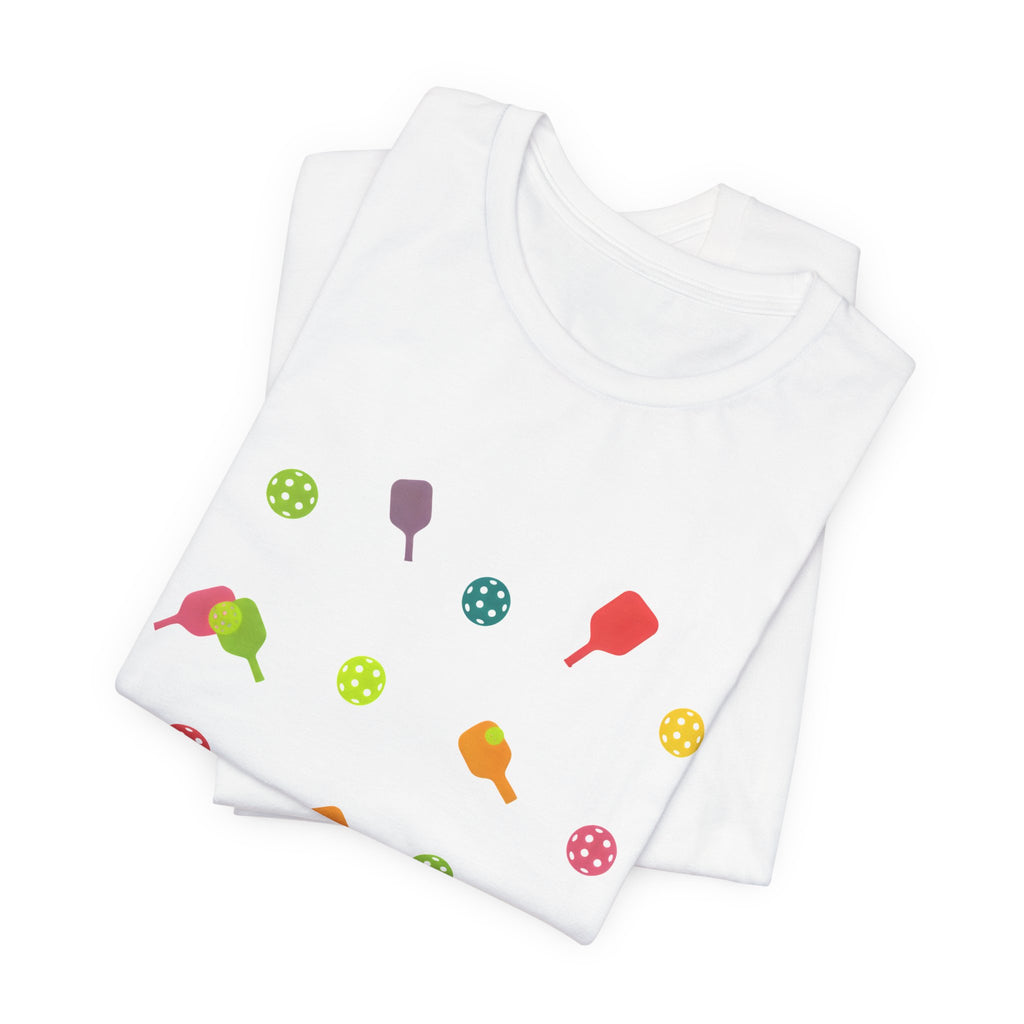 Pickleball Pattern Tee — Colorful Paddle & Ball Graphic T-Shirt