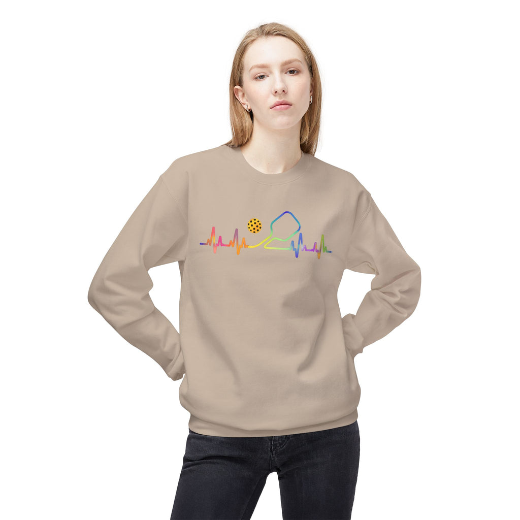 Pickleball Heartbeat Crewneck Sweatshirt — Rainbow Paddle & Ball Design