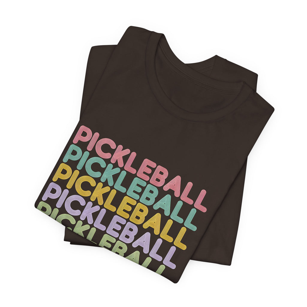 Pickleball Retro Stack Tee — Colorful Repeated Text Graphic T-Shirt