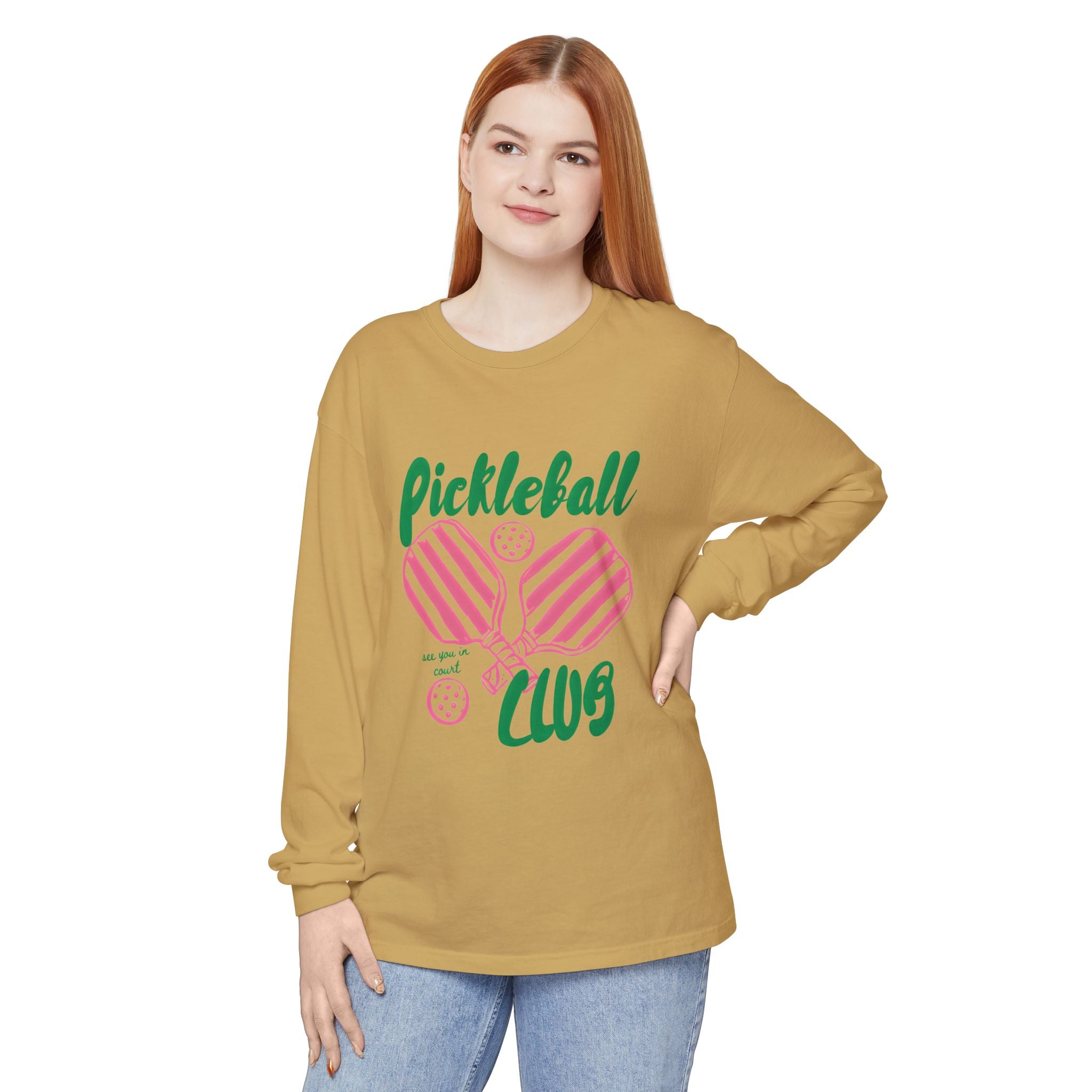 Pickleball Love Long Sleeve Tee – Women's Pink Paddle Graphic