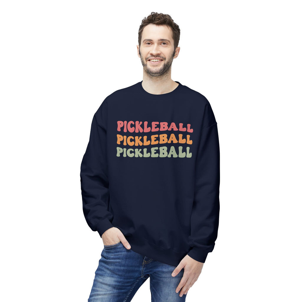 Pickleball Repeat Crewneck Sweatshirt — Retro Rainbow Pickleball Design