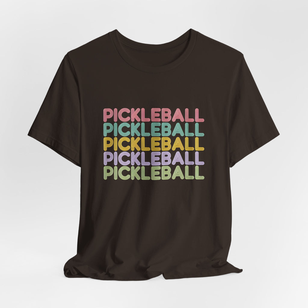 Pickleball Retro Stack Tee — Colorful Repeated Text Graphic T-Shirt