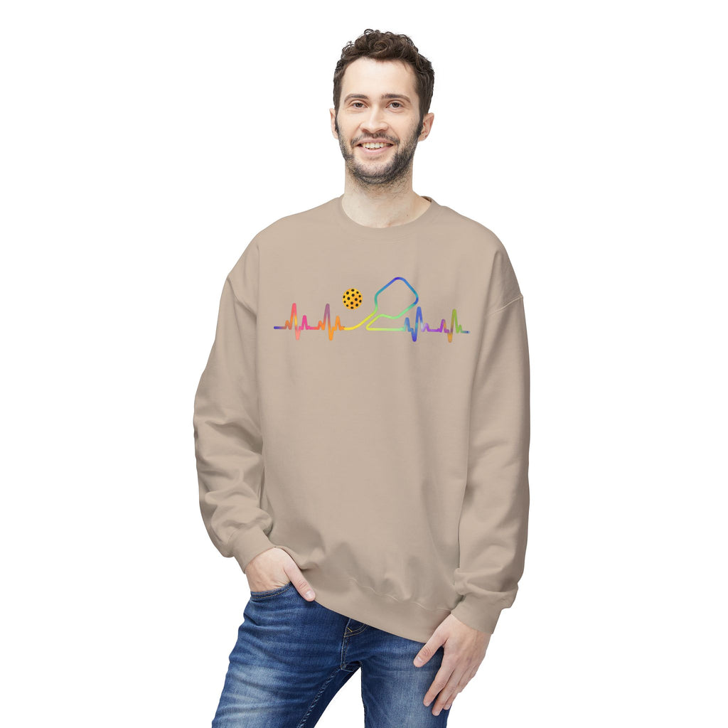 Pickleball Heartbeat Crewneck Sweatshirt — Rainbow Paddle & Ball Design