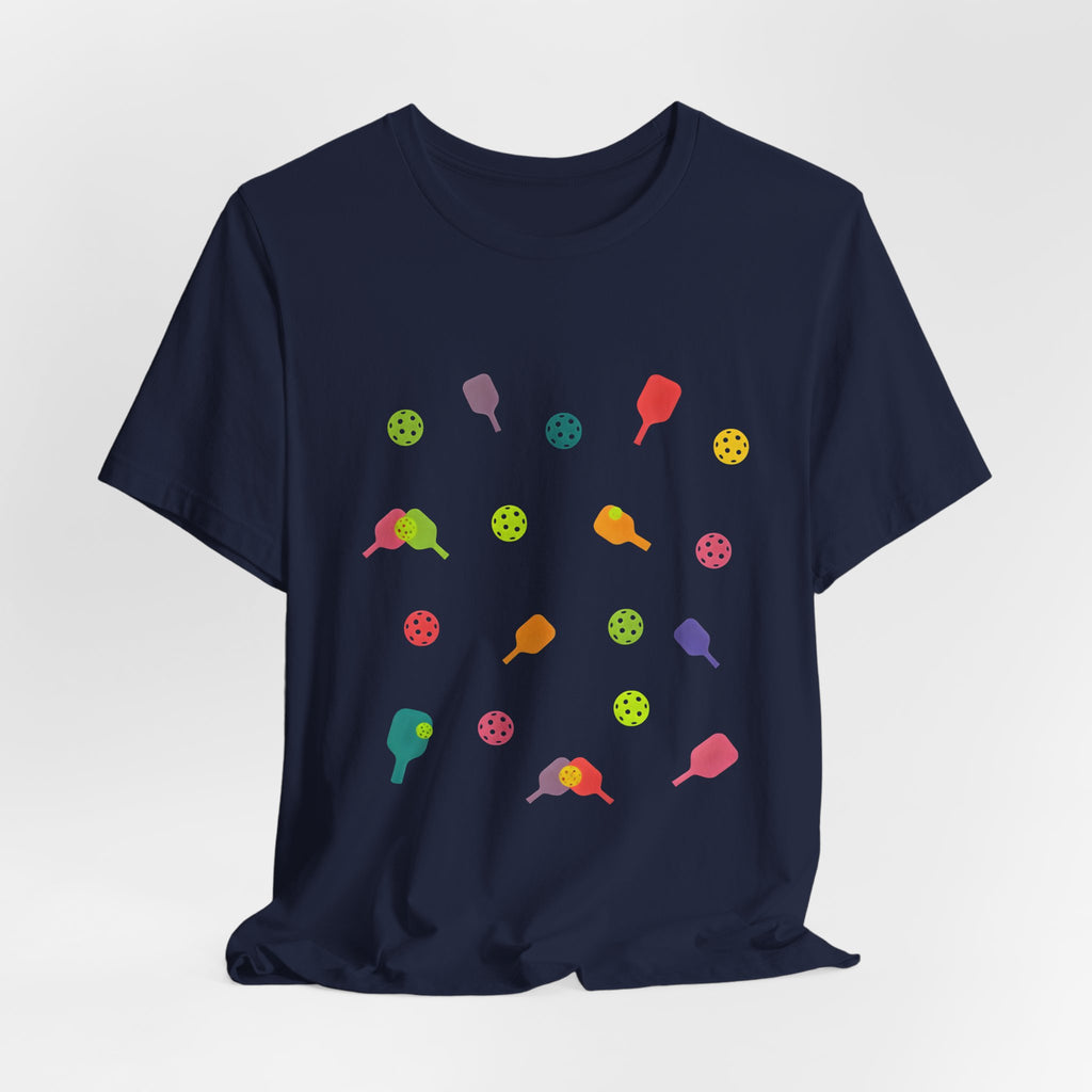 Pickleball Pattern Tee — Colorful Paddle & Ball Graphic T-Shirt