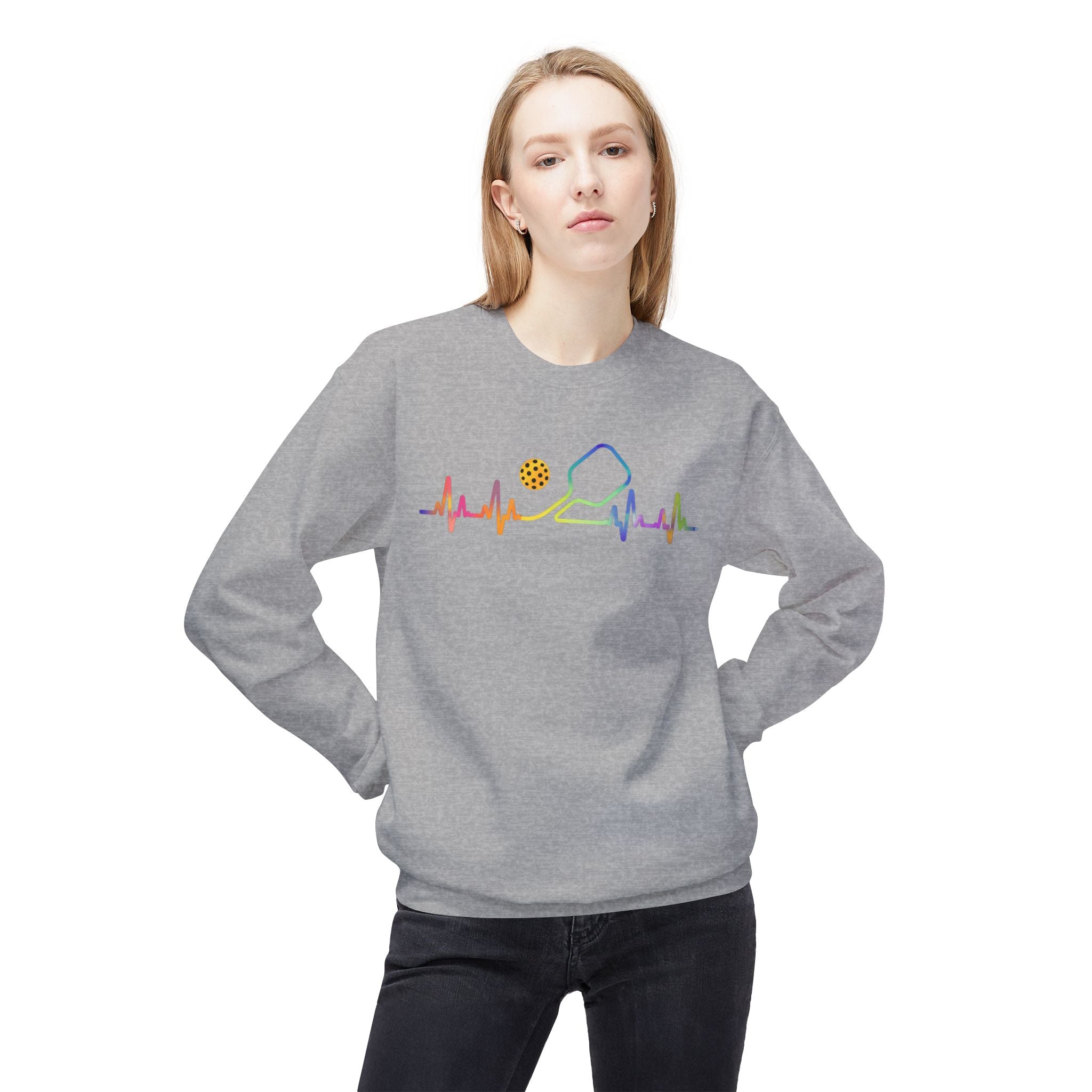 Pickleball Heartbeat Crewneck Sweatshirt — Rainbow Paddle & Ball Design