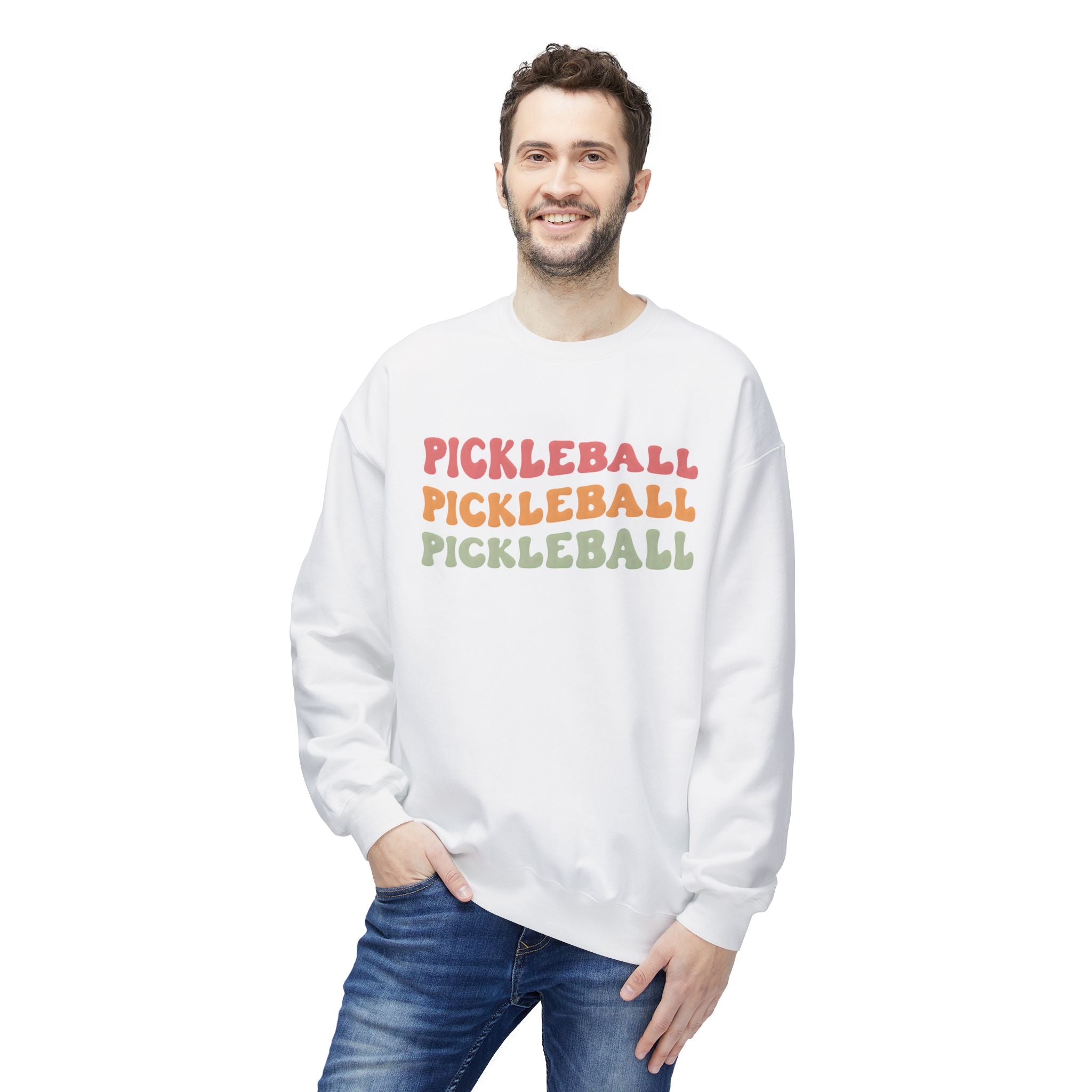 Pickleball Repeat Crewneck Sweatshirt — Retro Rainbow Pickleball Design