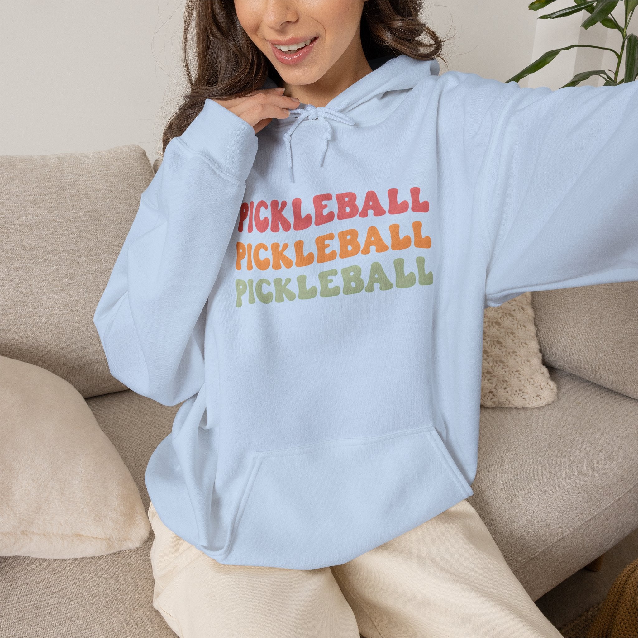 Pickleball Retro Text Hoodie — Repeated Pastel 'PICKLEBALL' Design